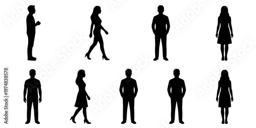 Black people silhouettes set, 9 diverse human figures in standing and walking poses, flat vector character collection for architectural visualization