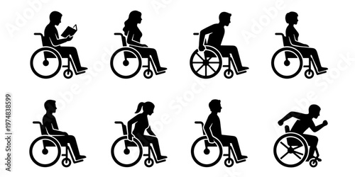 Disability inclusion icons set, wheelchair user silhouettes in various activities, 8 black vector pictograms of people with physical disabilities