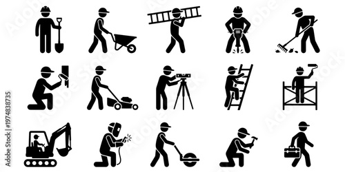 Construction worker icons set, industrial builder stick figures with tools, manual labor and contractor silhouettes, 15 vector elements for site safety