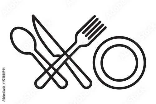 Line art icons for dining and cooking includes spoon fork knife plate bottle glass chef hat pot and bowl.