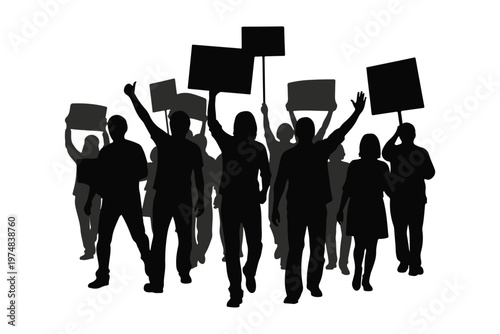 Crowd of people protesting with placards and signs silhouette.