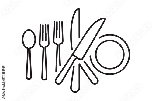 Outline vector icons of cutlery plate chef hat wine bottle cooking pot and bowl representing food and drink.