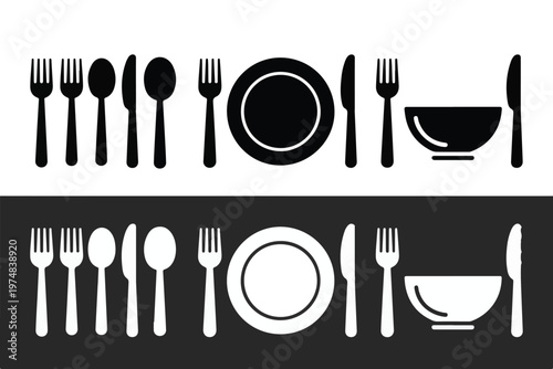 Dining table setting silhouettes collection featuring various plates and cutlery in black and white contrasts.