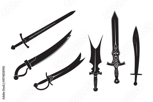 Collection of various fantasy swords, blades and knight weapon silhouettes.