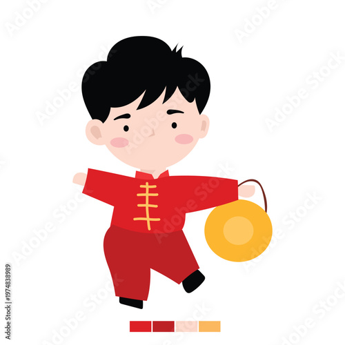happy chinese boy with gong tradional tools music. chinese new year