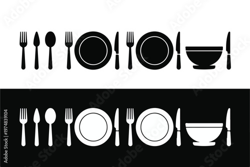 Minimalist table setting icons with plates and cutlery silhouettes suitable for restaurant menus and signage.