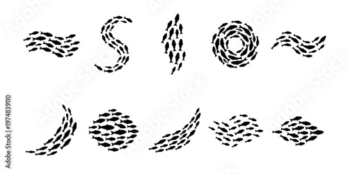 Minimalist black fish school silhouettes, set of 10 aquatic swarm formations, decorative sea life vector icons for marine branding and ocean patterns