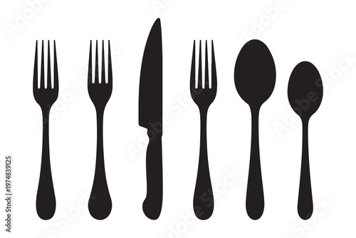 Restaurant flatware icons set, dinner utensil silhoettes of fork, spoon, and knife, isolated on white background.