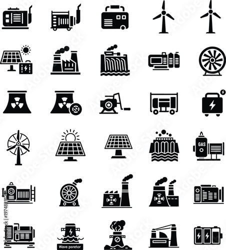 Set of renewable energy sources and power generation plant icons with renewable, generation