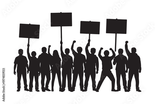 Silhouette of activists holding banners during a public demonstration.