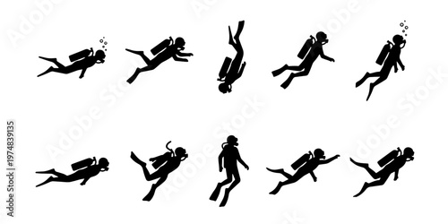 Scuba diver silhouette icons set, 10 black vector divers with oxygen tanks and flippers, underwater swimming figures for ocean sports graphics