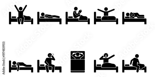 Stick figure sleeping icons set, human pictogram bed routine collection, person waking up and resting in bedroom vector, sleep cycle symbols