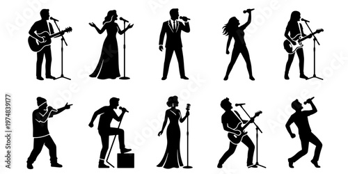Singer and musician silhouettes set, 10 music performer icons with guitarists and vocalists, black stage artist vector collection for concert posters