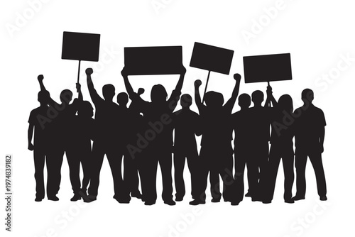 Silhouette of activists holding banners during a public demonstration.