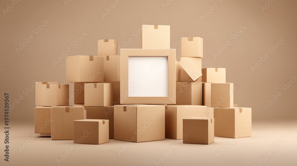 Fototapeta premium A collection of cardboard boxes stacked in an artistic arrangement, featuring one empty box ready for branding.