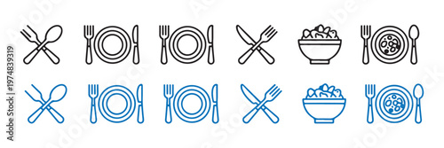 Eating utensils and food icon set in different colors, including dishes, cutlery, and salad bowl.