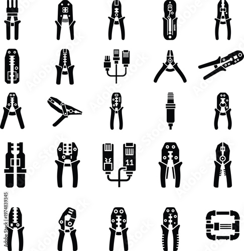 Set of wire crimping tools and cable connector installation instruments with crimping, connector