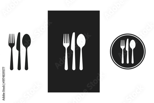 Restaurant flatware icons set, dinner utensil silhoettes of fork, spoon, and knife, isolated on white background.