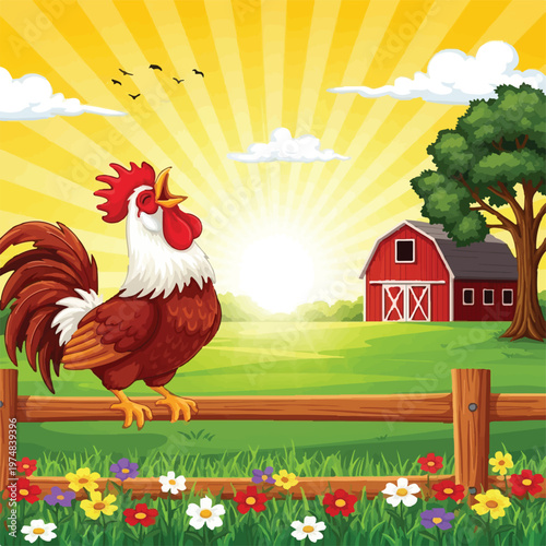 Rooster Sunrise Farm Scene Commercial Illustration