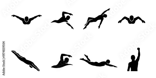 Professional swimmer silhouette set, 8 athlete icons in swimming poses, black vector silhouettes of people in pool water, competitive sports graphics