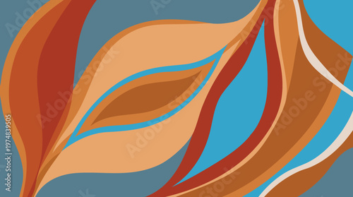 Abstract swirling shapes in shades of orange, blue, and gray.