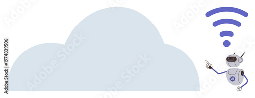 Cloud computing, artificial intelligence, automation, data sharing, wireless technology, connectivity solutions. Robot indicating wireless signal above a cloud graphic. Cloud computing and AI