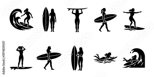 Surfing girl silhouette icons, set of 10 female surfer vector elements, woman surfing on ocean waves, black minimalist summer sports graphics
