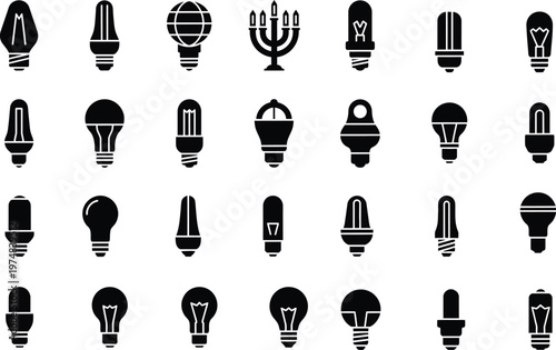 Collection of various black light bulb icons for interior lighting and energy concepts with lighting