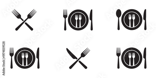 Collection of dining icons with plates forks knives and spoons various settings vector.