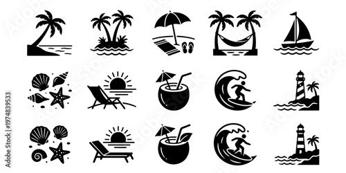 Tropical beach vacation icons set, black summer holiday vector elements, 15 travel and ocean silhouettes for coastal tourism branding