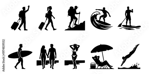 Travel and summer vacation silhouettes set, 10 outdoor adventure icons, black vector people hiking surfing and swimming, beach holiday activity collection