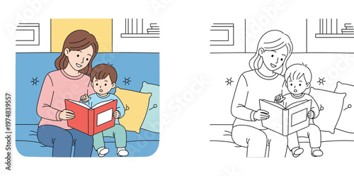 Vector illustration of a mother reading a storybook to her little son. Includes both colorful flat design and black and white line art for a coloring book.