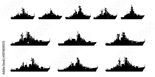 Military warship silhouettes set, collection of 11 naval vessel icons, black battleship and destroyer vector shapes for marine defense and naval history
