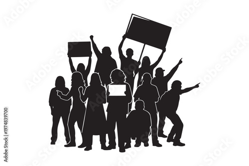 Protestors group silhouette demonstrating for rights and justice.