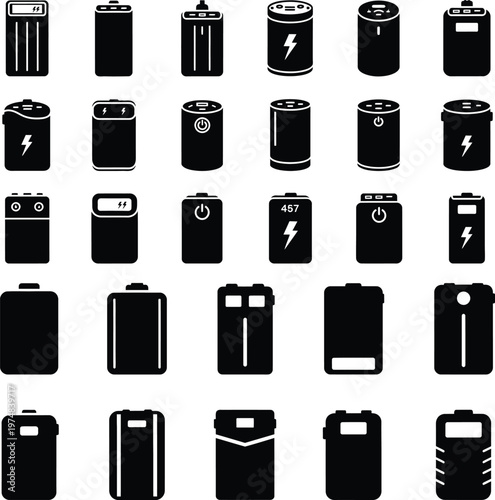 Set of battery and portable power bank icons for electronic devices with electricity, electronic