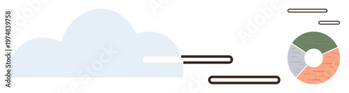 Cloud computing, data management, network systems, cloud storage, analytics, digital transformation. Abstract cloud icon with a pie chart and connecting lines. Cloud computing and data management
