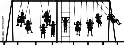 Children playing on swings silhouette vector illustration, playground activity scene with kids swinging and climbing, outdoor park fun, childhood recreation concept design