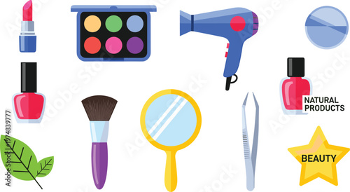 Beauty and Cosmetic Icons Featuring Lipstick, Nail Polish, Makeup Palette, Hair Dryer, Mirror, and Beauty Symbols for Personal Care and Fashion