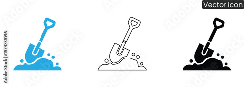 Shovel icon set with blue, Line, And solid black versions on white background