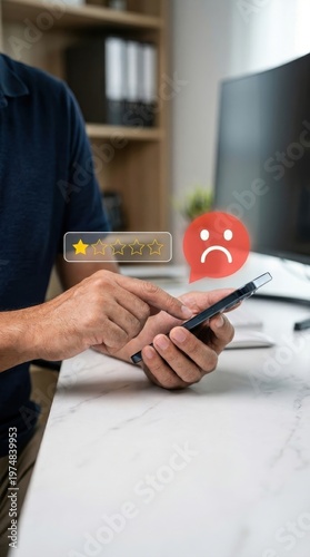 Person gives low star rating on mobile phone with sad face emoji representing negative feedback