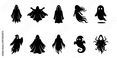 Spooky ghost silhouettes set, 10 Halloween phantom icons, black hooded spirit vector elements, creepy wraith and banshee character collection