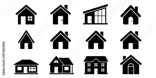 Minimalist house icon set, black silhouette home symbols for real estate, collection of 12 residential building vector graphics for web design