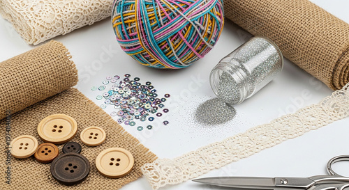 Sewing buttons and thread on table.