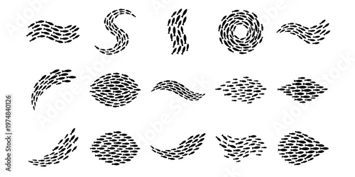 Minimalist school of fish vector set, black silhouettes of swimming fish shoals, 15 aquatic animal group icons for marine life branding and ocean design