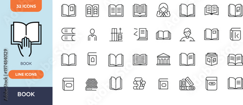 Book line icons set, minimal outline symbols for education, library, reading, literature, knowledge, school resources, ebook, publishing concept illustration