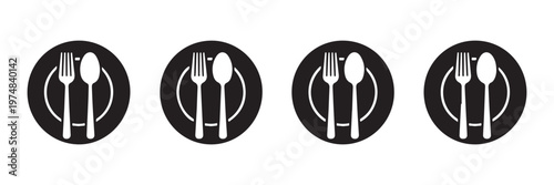 Circular restaurant signs with white fork and spoon silhouettes on black plate background for food services.