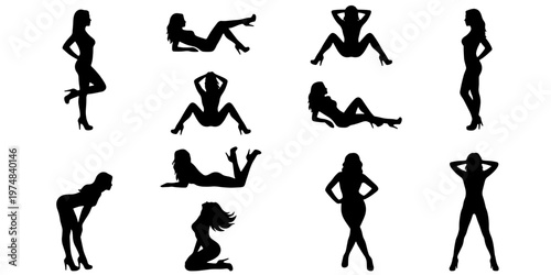 Seductive female silhouettes set, 10 sexy woman figures in various poses, black vector silhouettes of elegant ladies, sensual feminine body shapes