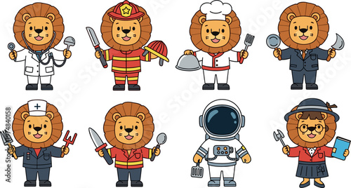 Cute lion profession characters set cartoon animals doctor firefighter chef businessman astronaut teacher worker illustration collection