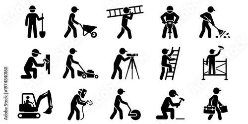 Construction worker stick figure icons, 15 manual labor silhouettes, contractor and builder symbols, industrial maintenance and repair vector set
