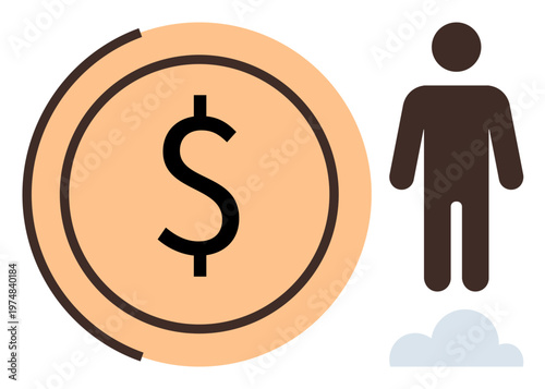 Finances, wealth, business strategy, economic systems, investments, personal development. Person figure adjacent to a dollar sign in a conceptual composition. Finances and wealth concept